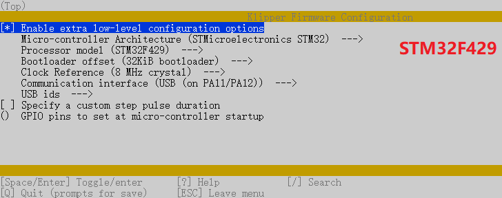 Klipper compilation config menu f429